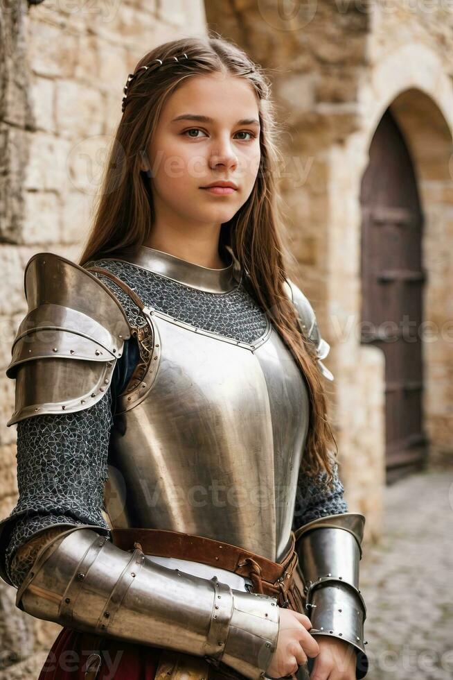 ai generado un joven mujer en medieval armadura en pie en frente de un castillo foto