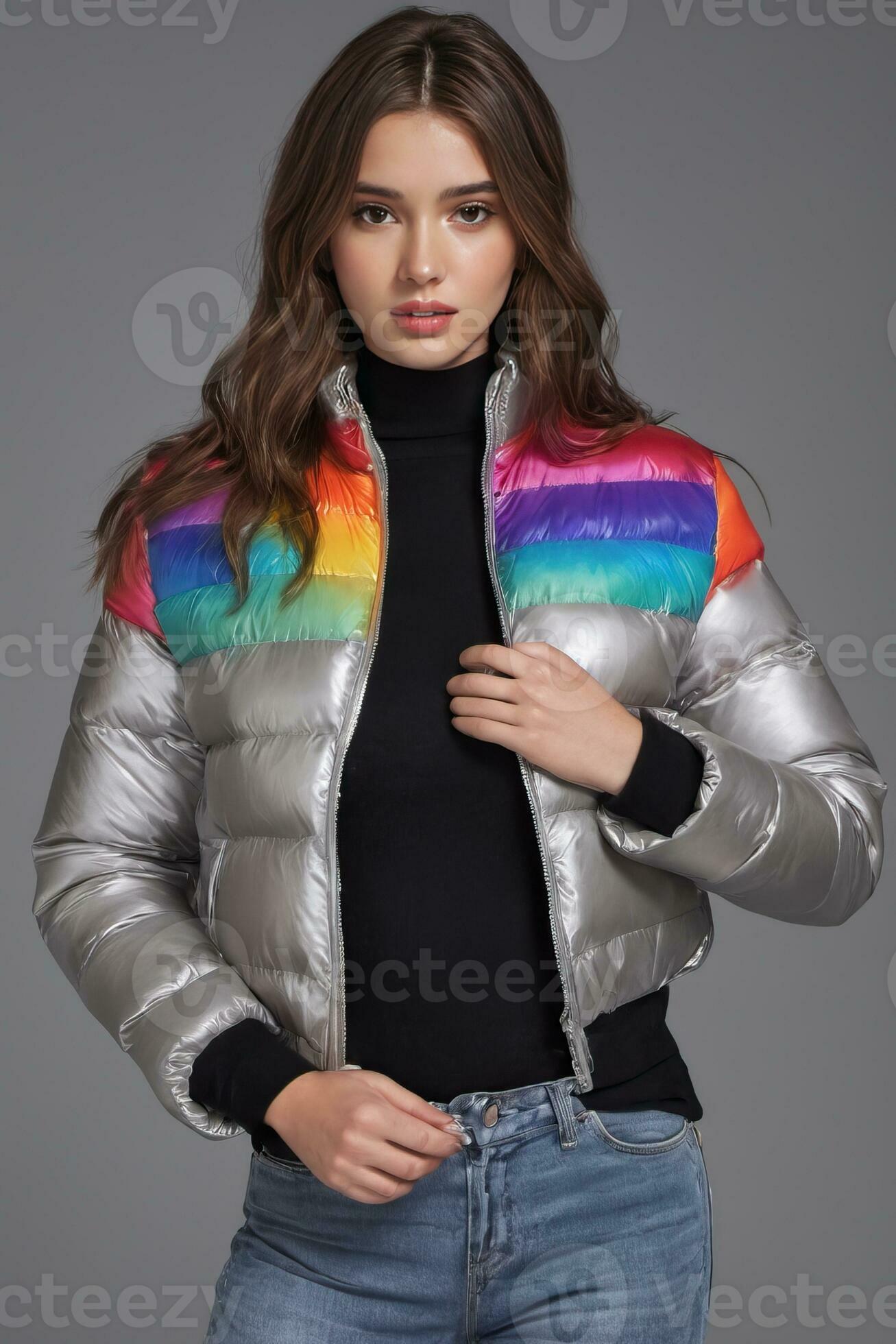 AI generated a female model wearing a rainbow colored puffer jacket 35828957 Stock Photo at Vecteezy