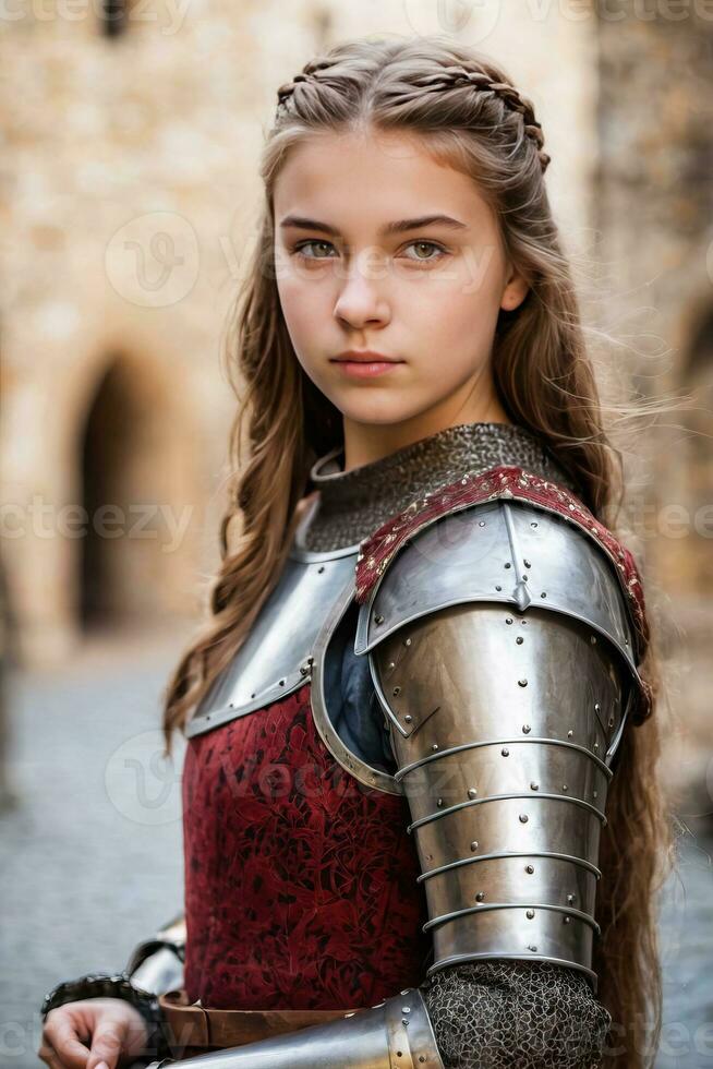 ai generado un joven mujer en medieval armadura en pie en frente de un castillo foto