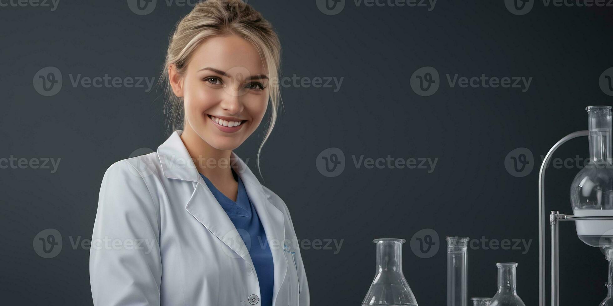 AI generated a beautiful smiling woman wearing a lab coat in the laboratory photo