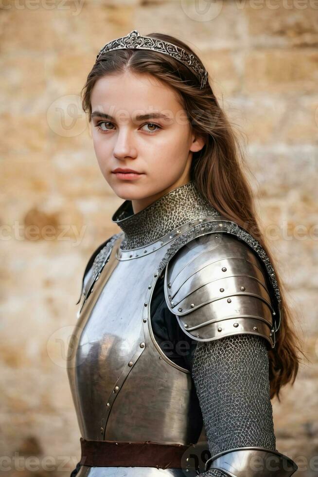 AI generated a young woman in medieval armor standing in front of a castle photo