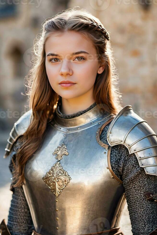 AI generated a young woman in medieval armor standing in front of a castle photo