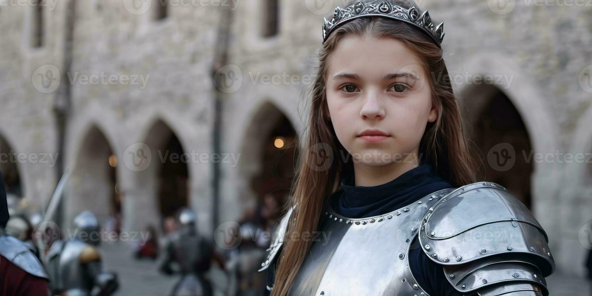 ai generado un joven mujer en medieval armadura en pie en frente de un castillo foto