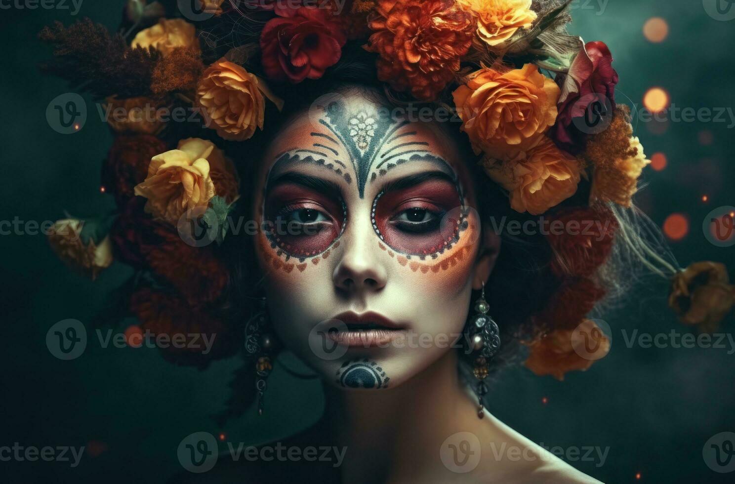 AI Generated Portrait of a woman with sugar skull makeup over dark background. Halloween costume and make-up. Portrait of Calavera Catrina. Generative AI. photo