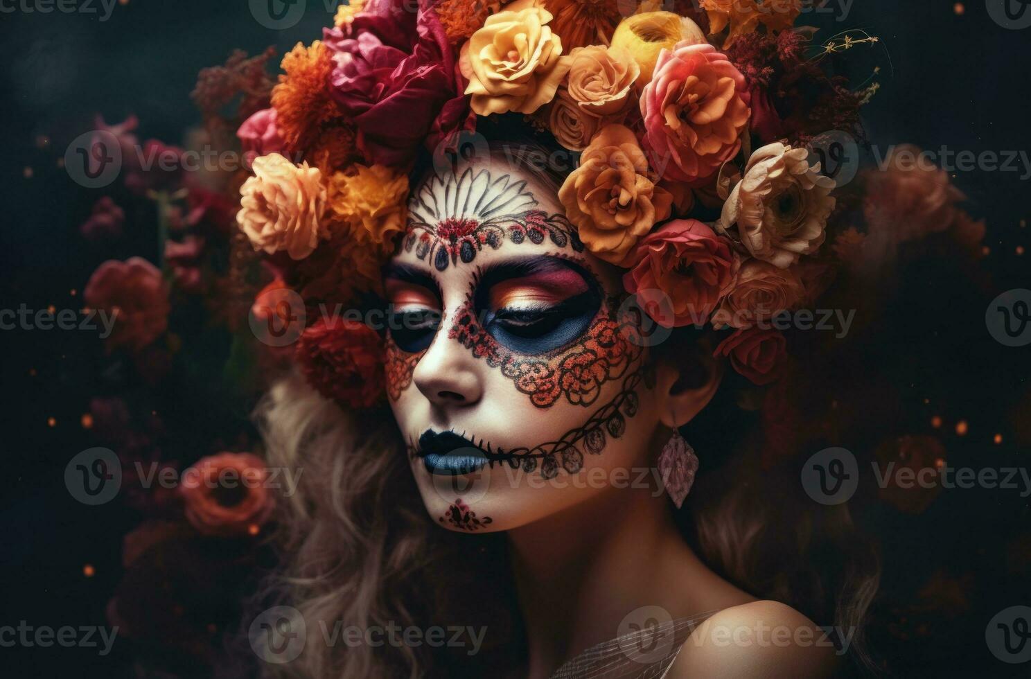 AI Generated Portrait of a woman with sugar skull makeup over dark background. Halloween costume and make-up. Portrait of Calavera Catrina. Generative AI. photo