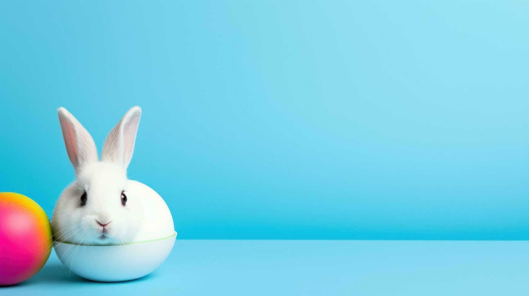 AI generated A playful image of a white bunny peeking out of a colorful Easter egg photo