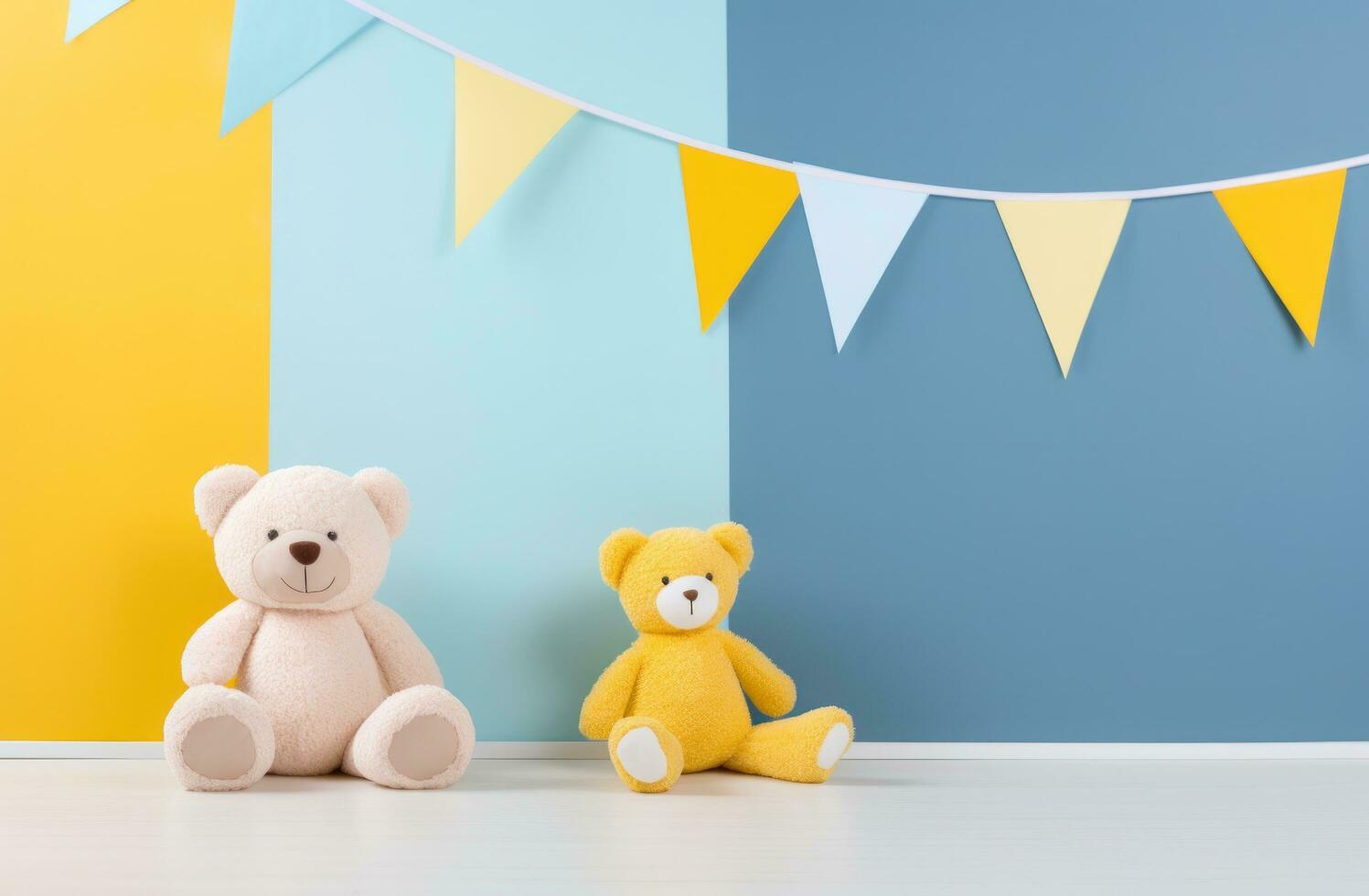 AI generated a stuffed animal bear with blue bunting in a blue and white area, photo