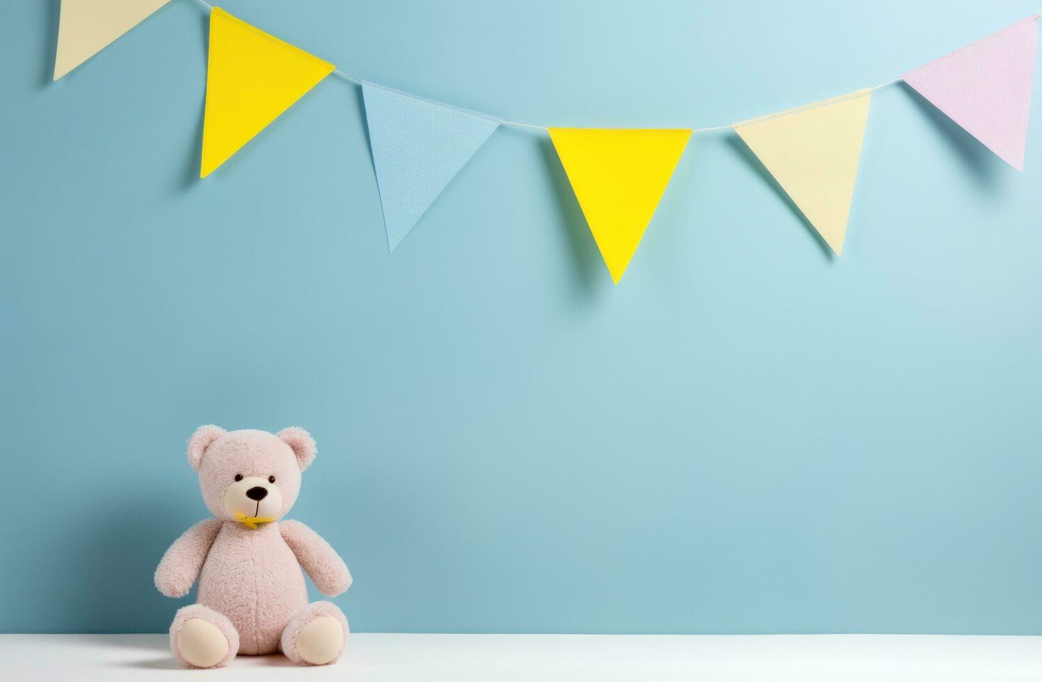 AI generated a stuffed animal bear with blue bunting in a blue and white area, photo