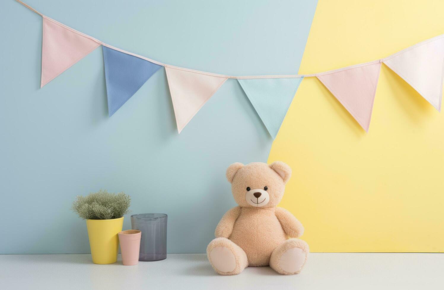 AI generated a stuffed animal bear with blue bunting in a blue and white area, photo