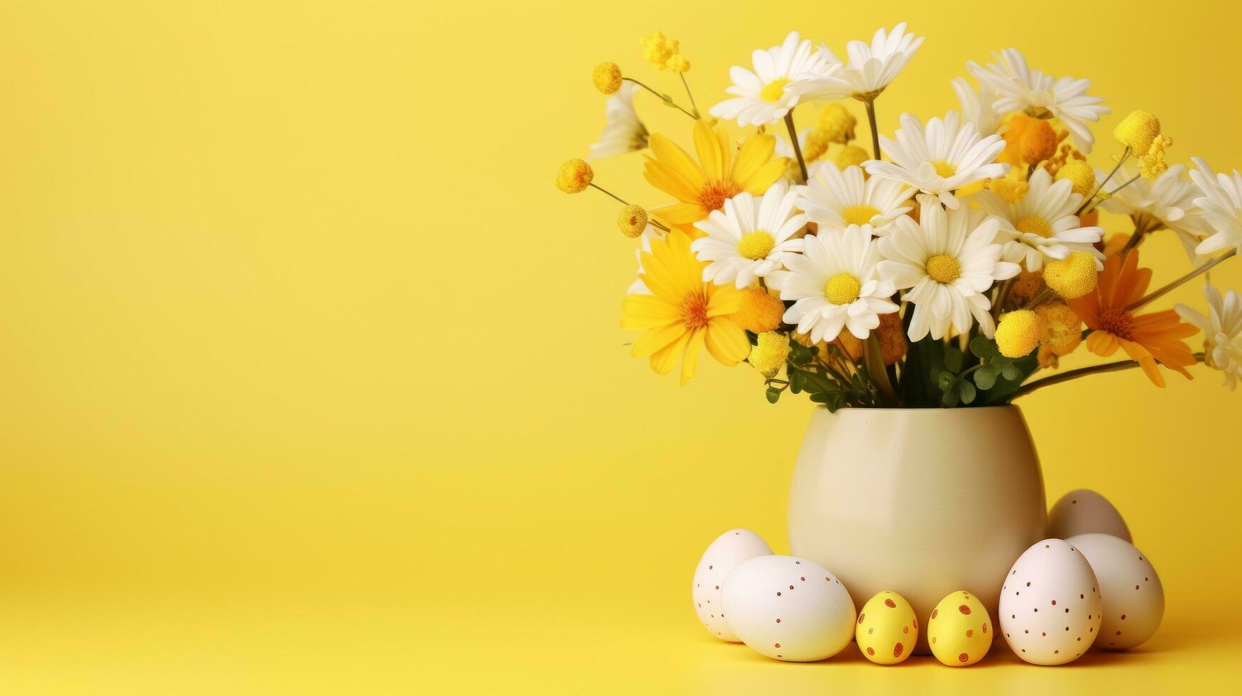 ai generado un vibrante Pascua de Resurrección huevo y flor arreglo foto