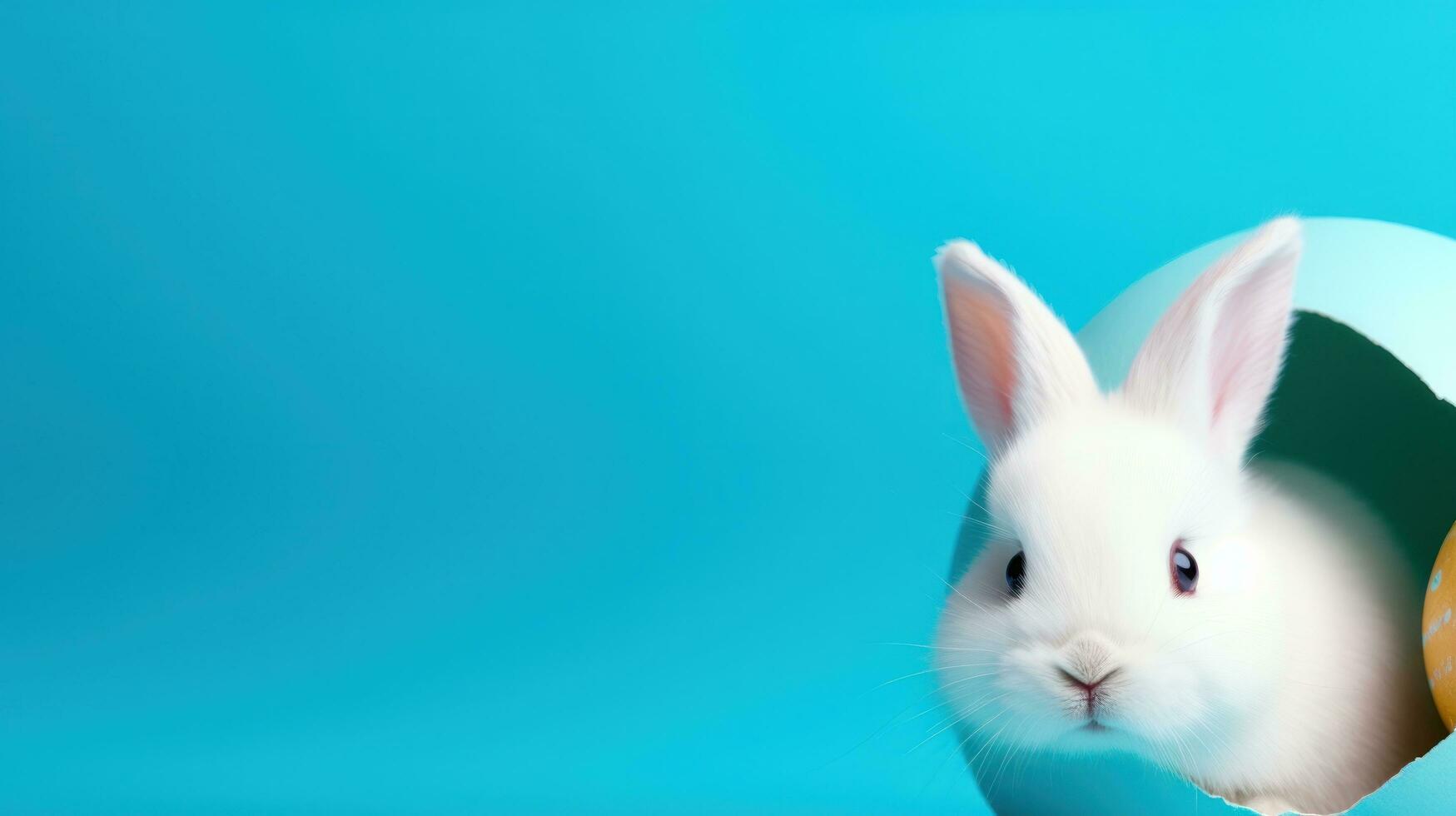 AI generated A playful image of a white bunny peeking out of a colorful Easter egg photo