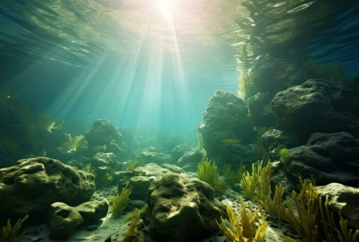 AI generated a rocky underwater environment with the sun beaming down on plants, photo