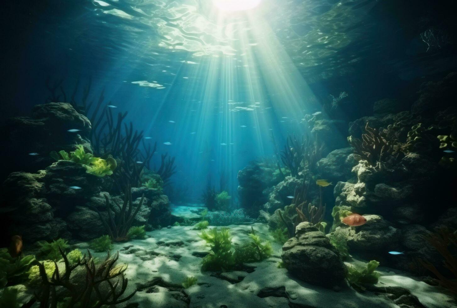 AI generated a rocky underwater environment with the sun beaming down on plants, photo
