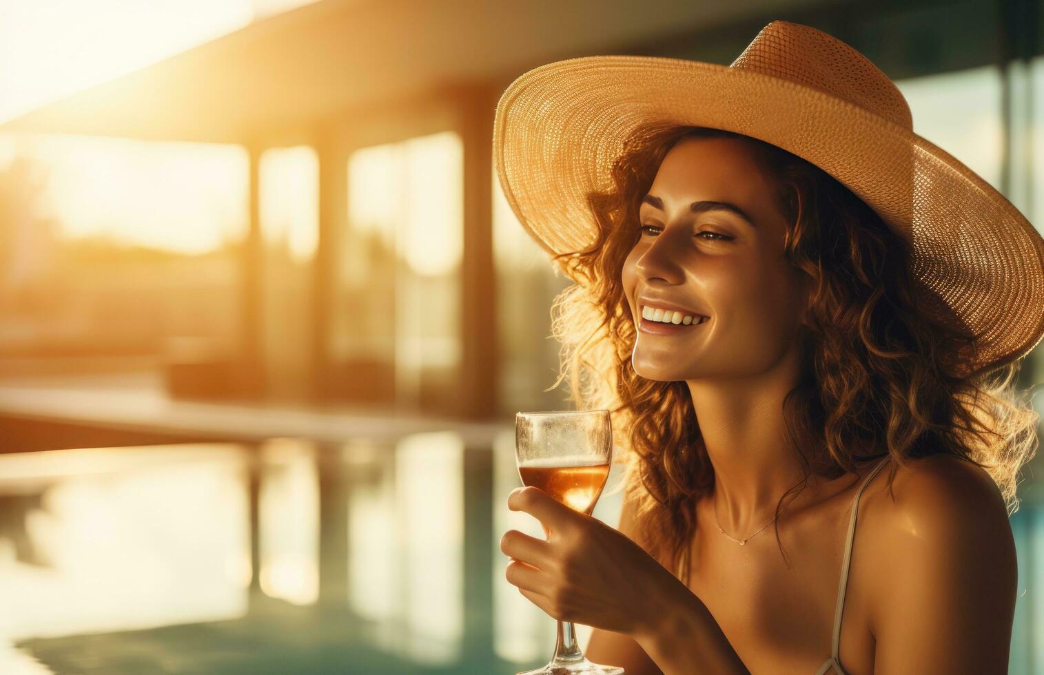 AI generated a woman wears a hat and drink in a pool at a resort vacation, photo