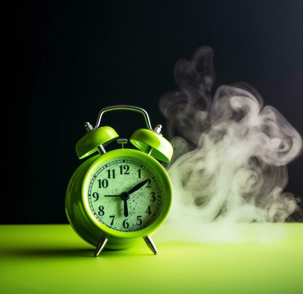 ai generado verde alarma reloj con fumar en antecedentes foto