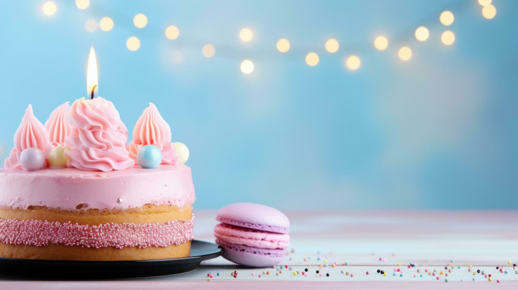 AI generated birthday cake pastel background with copy space photo