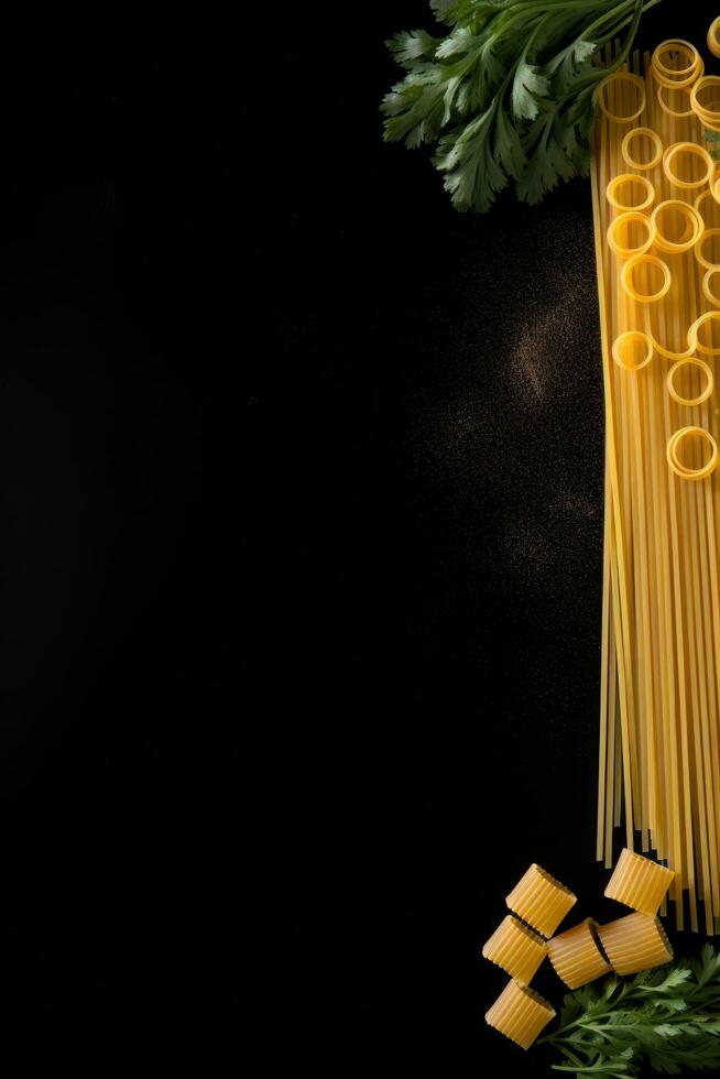 AI generated pasta on black background with copy space photo