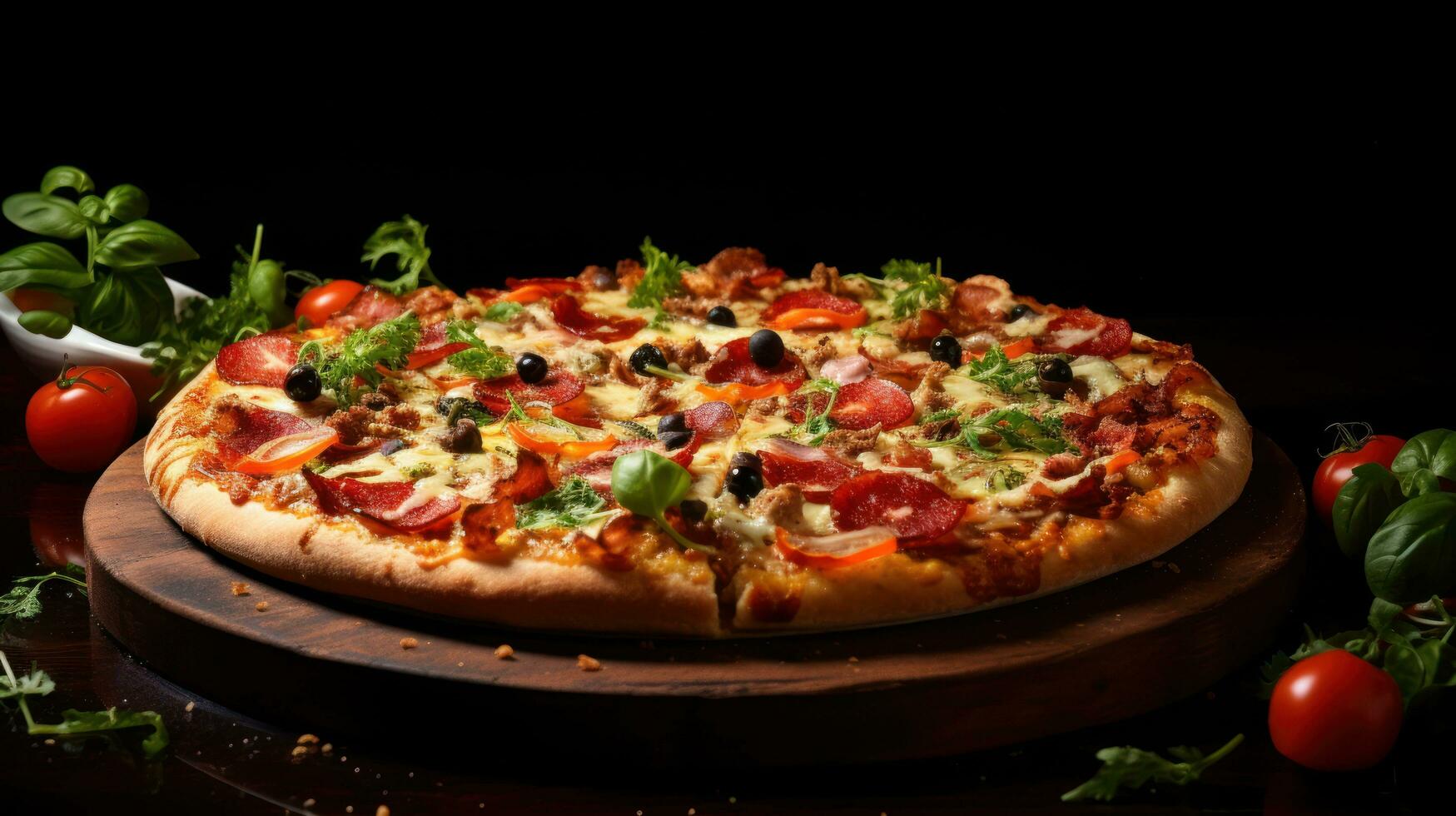 AI generated pepperinu pizza on black background with copy space photo