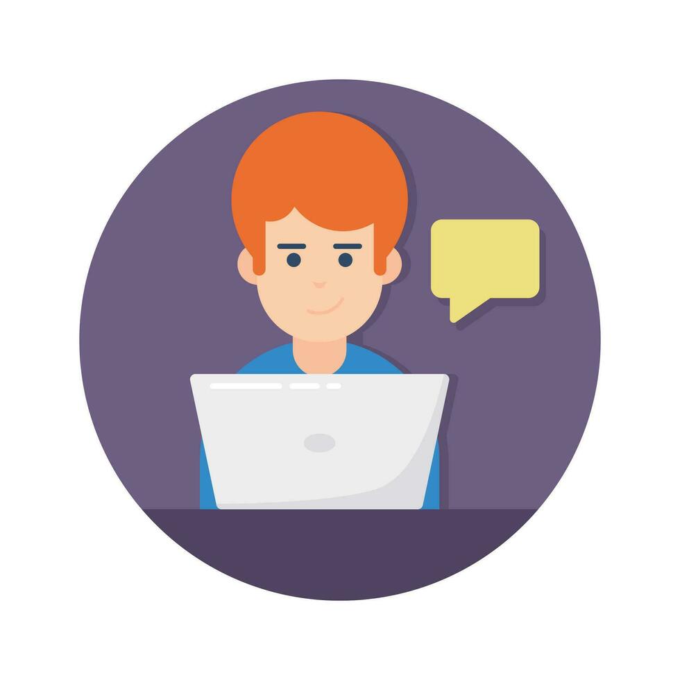 A man avatar with laptop and chat bubble showing concept icon of online conversation, online communication vector
