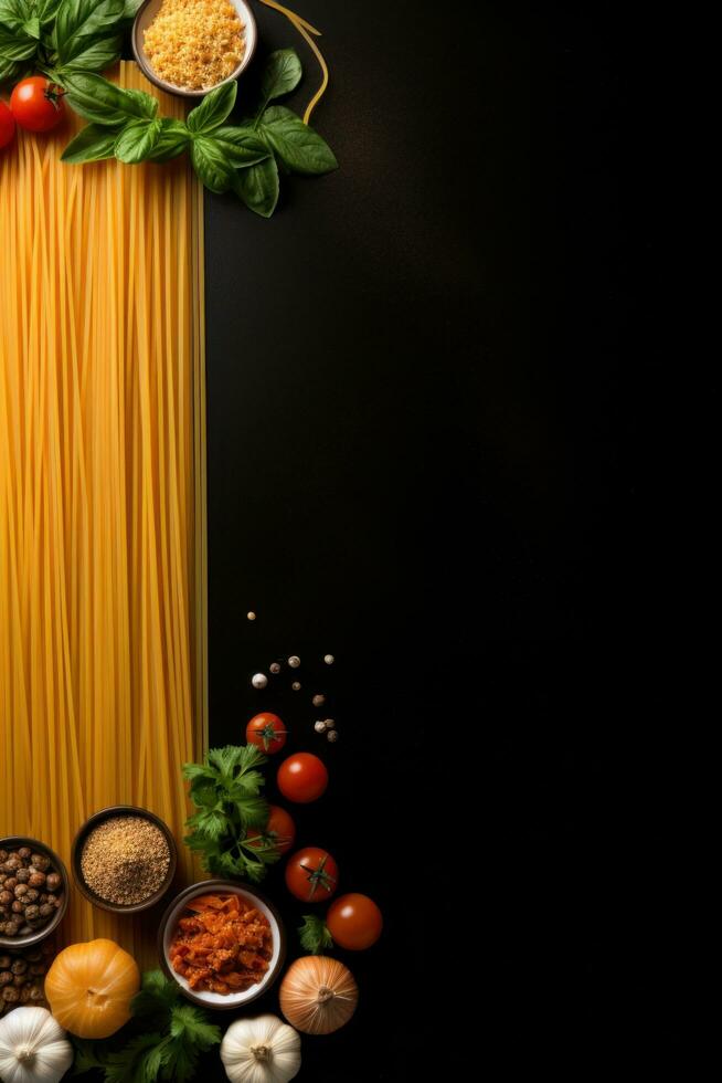 AI generated pasta on black background with copy space photo