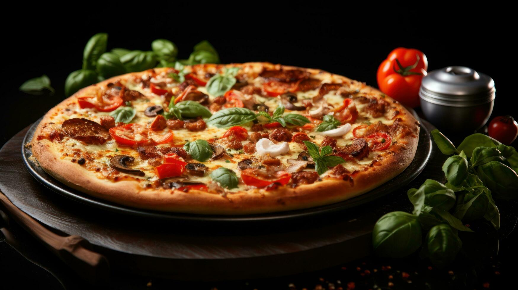 AI generated pepperinu pizza on black background with copy space photo