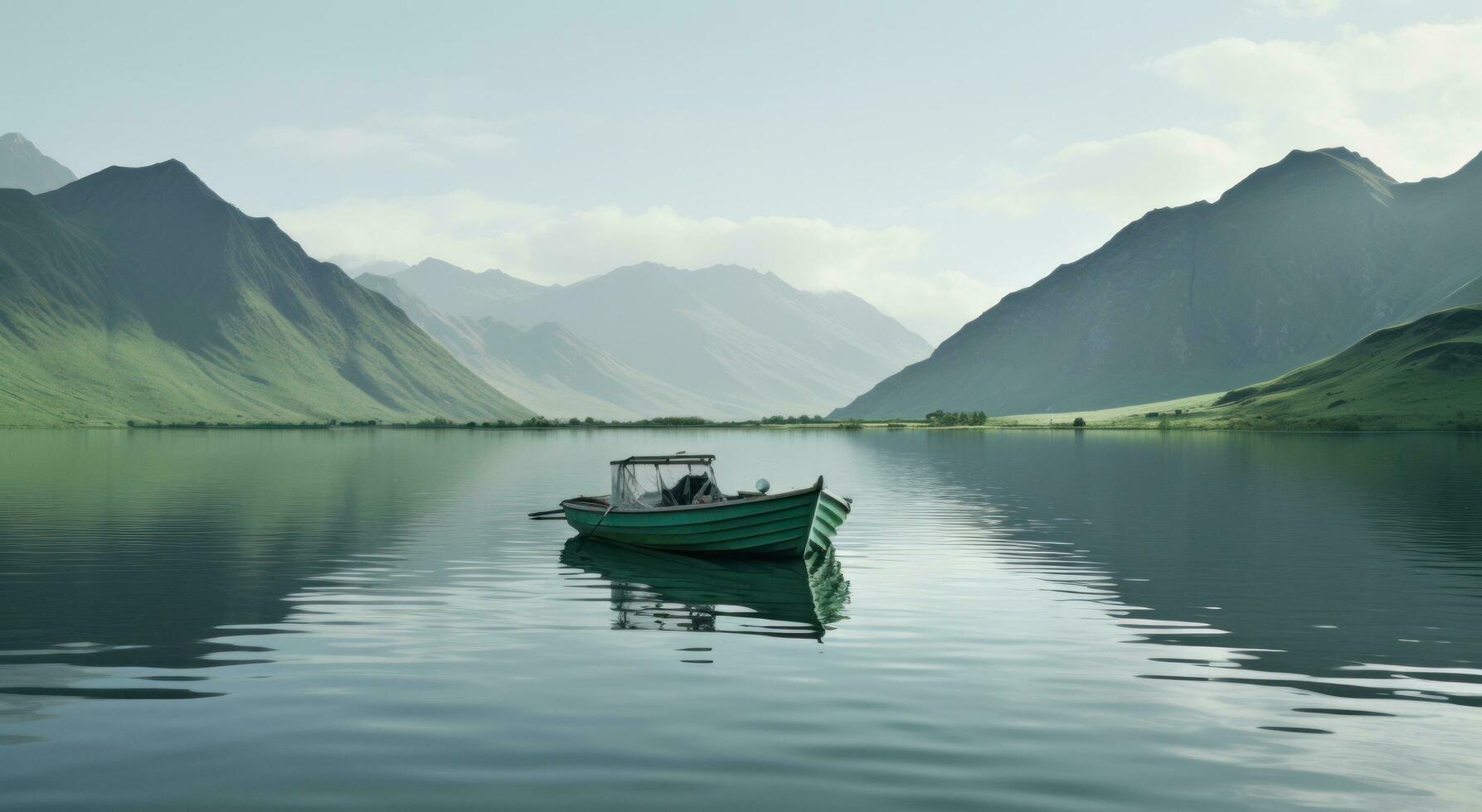 ai generado un pequeño barco es flotante en el agua en un estanque con montañas detrás él, foto