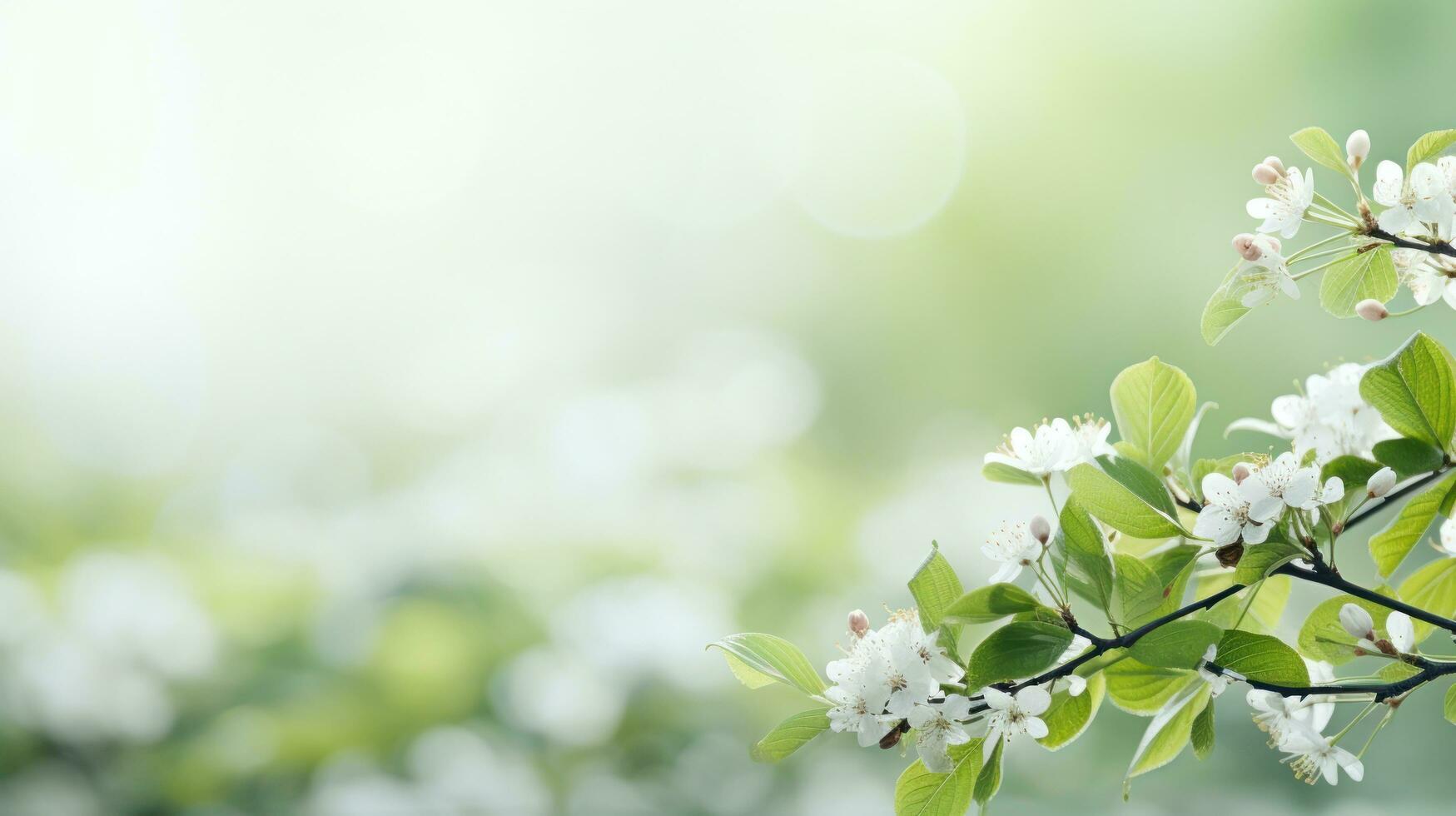 AI generated spring green meadow background with copy space photo