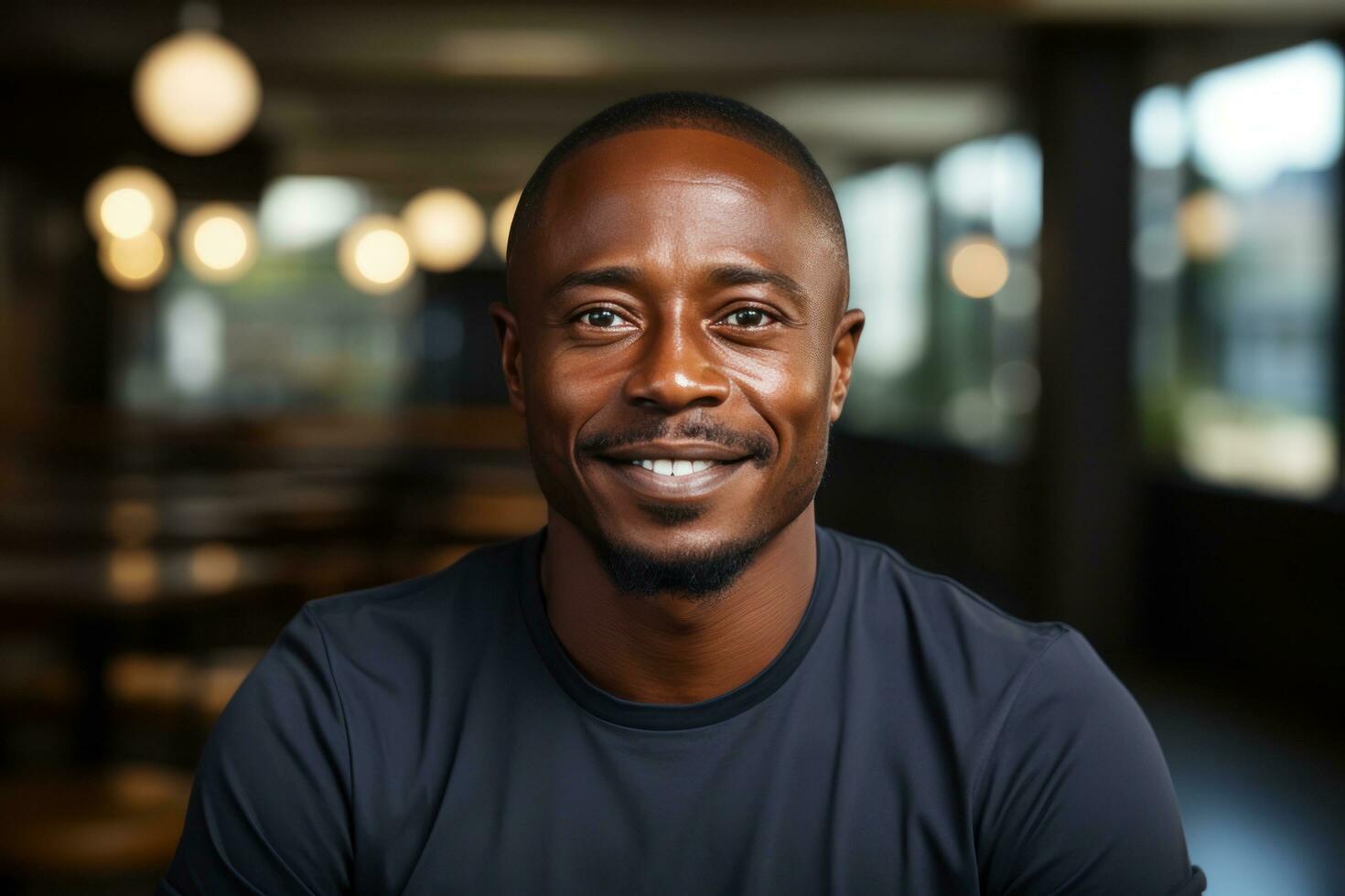 AI generated smiling man in light blue shirt standing isolated photo