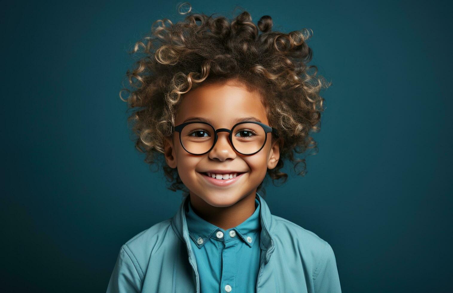 AI generated smiling boy in blue shirt, photo
