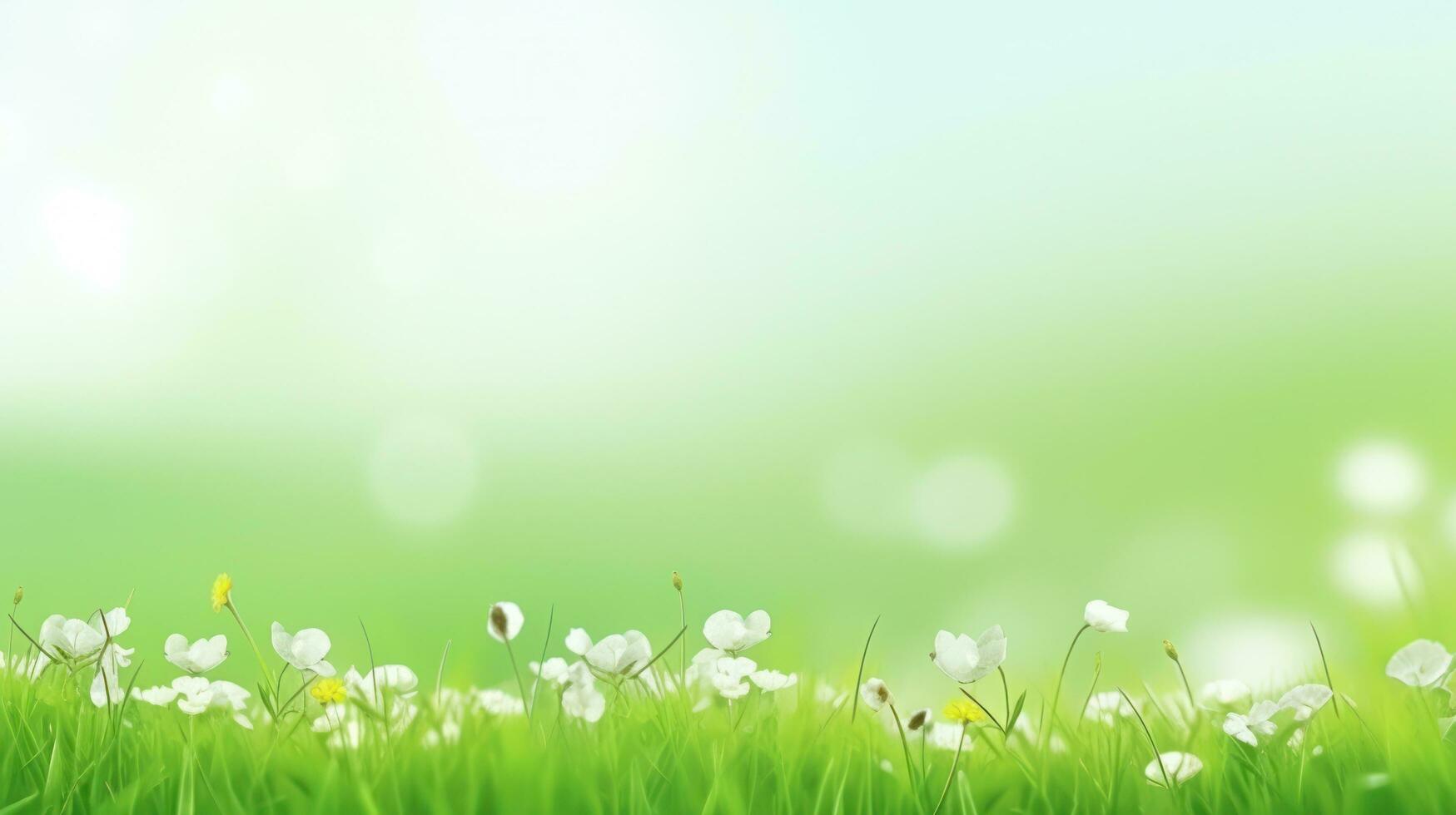 AI generated spring green meadow against blue sky background photo