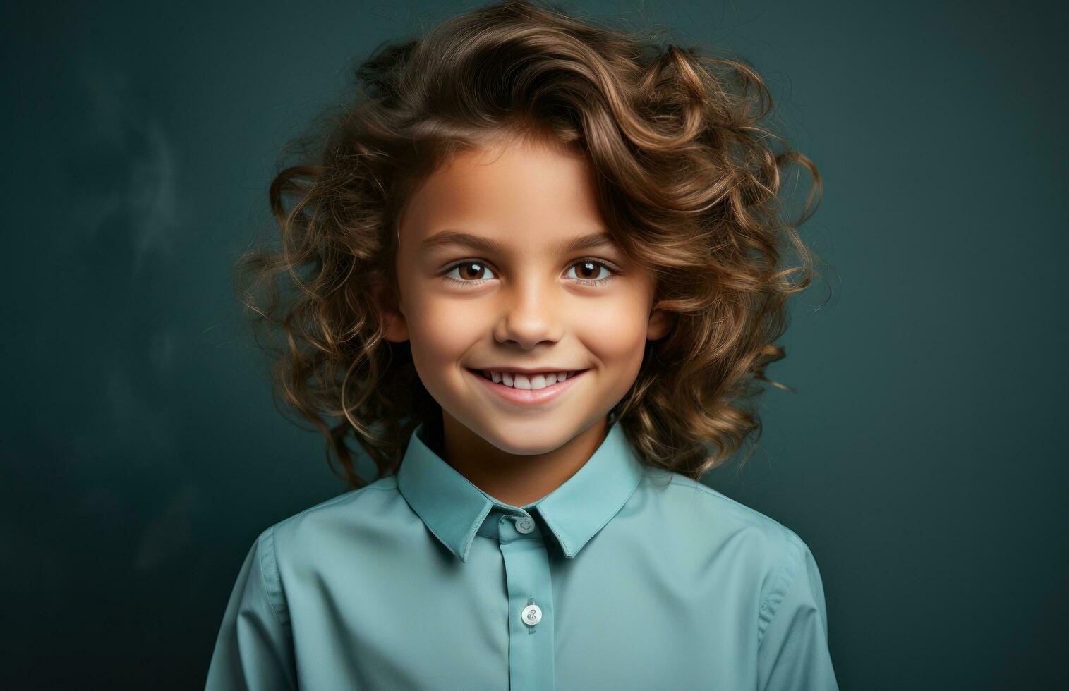 AI generated smiling boy in blue shirt, photo