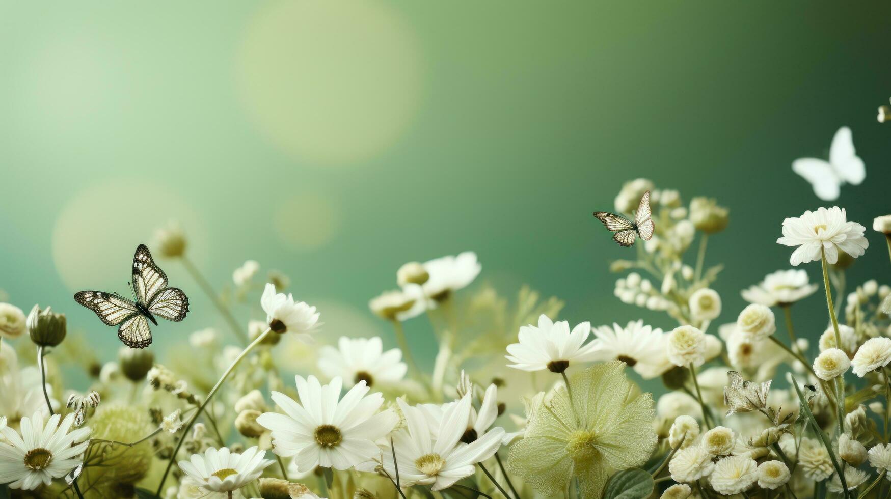 AI generated spring green meadow background with copy space photo