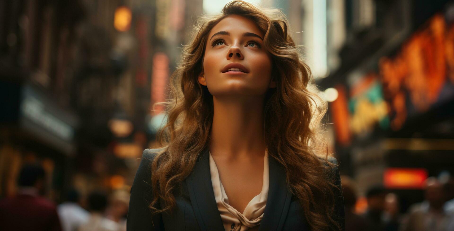 AI generated business woman in suit stands in middle of city street looking up, photo