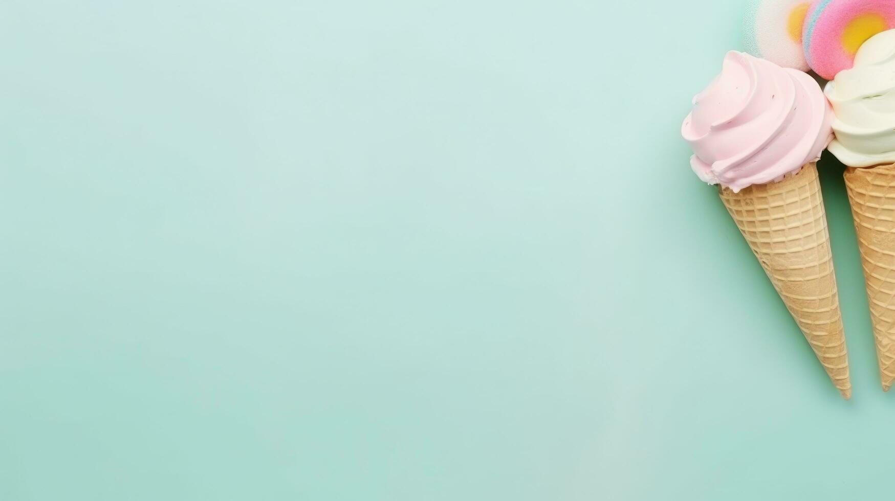 AI generated ice cream on pastel background with copy space photo
