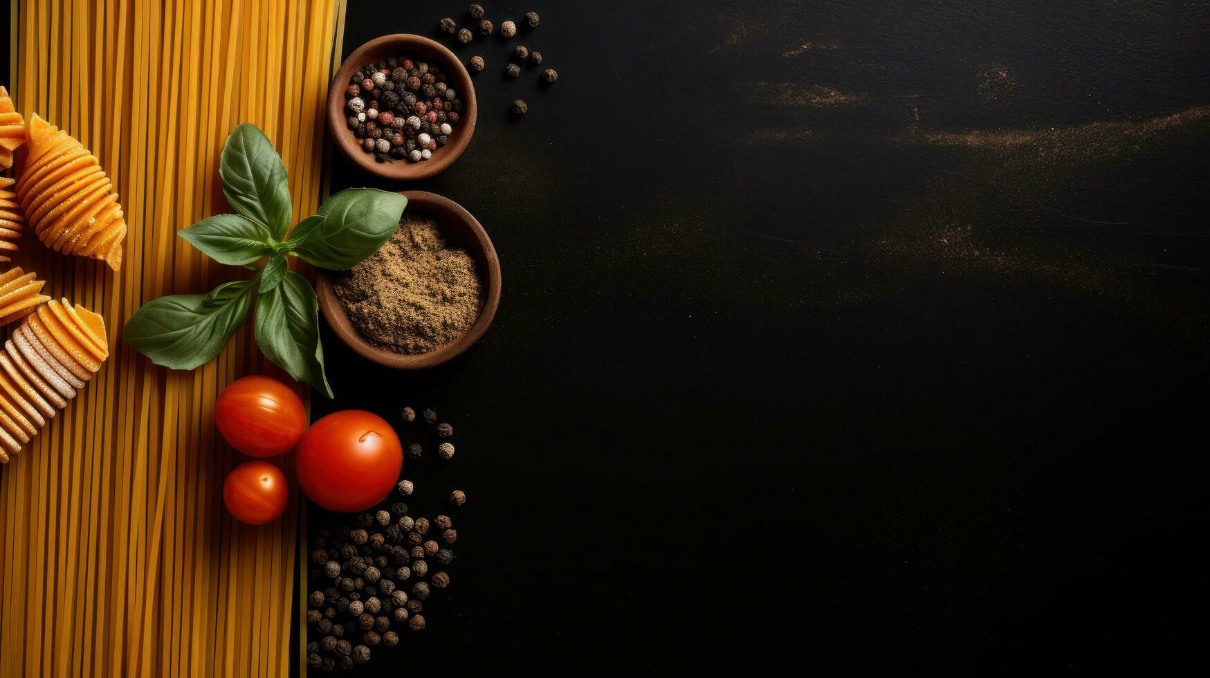 AI generated pasta on black background with copy space photo