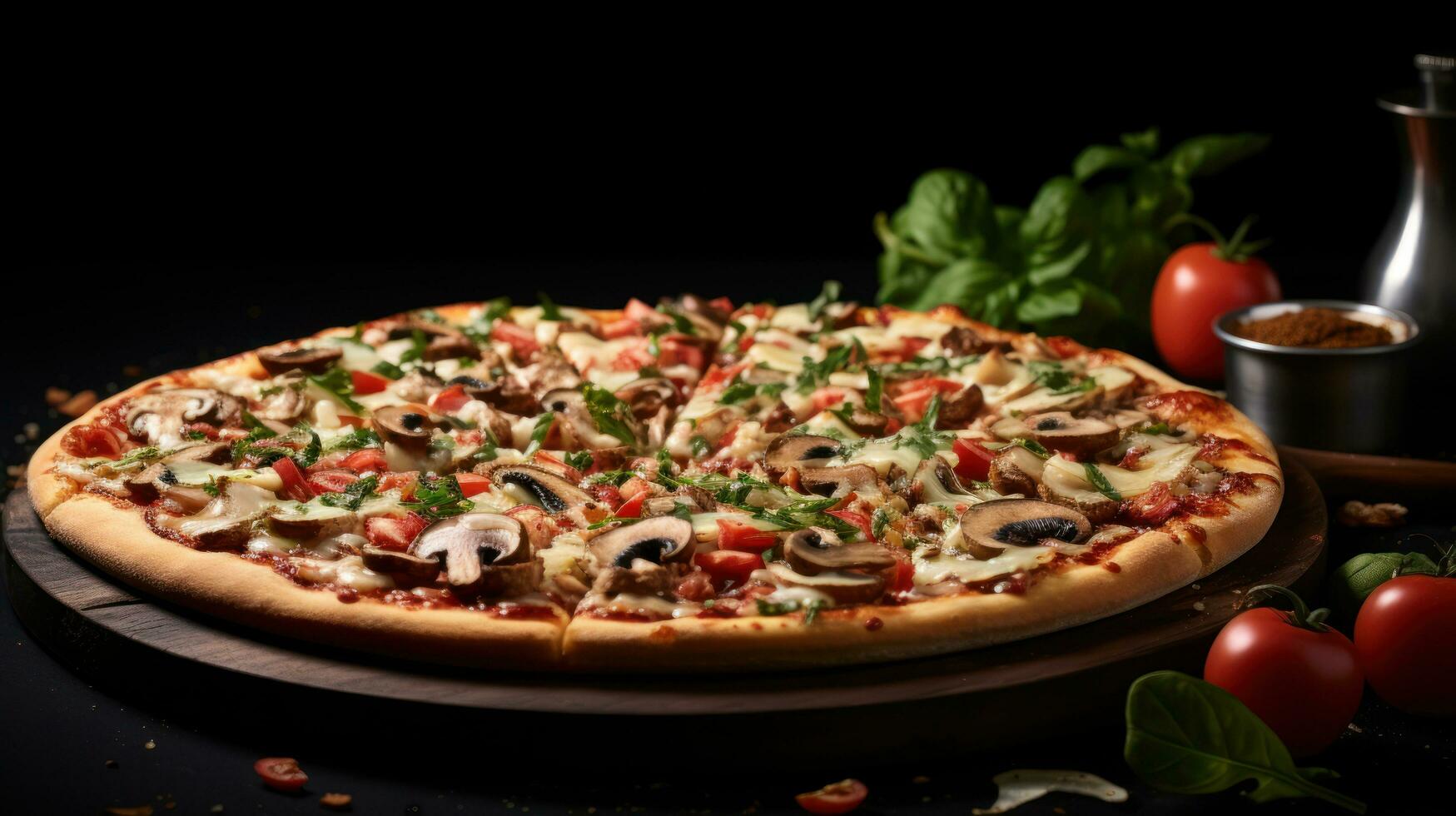 AI generated pepperinu pizza on black background with copy space photo