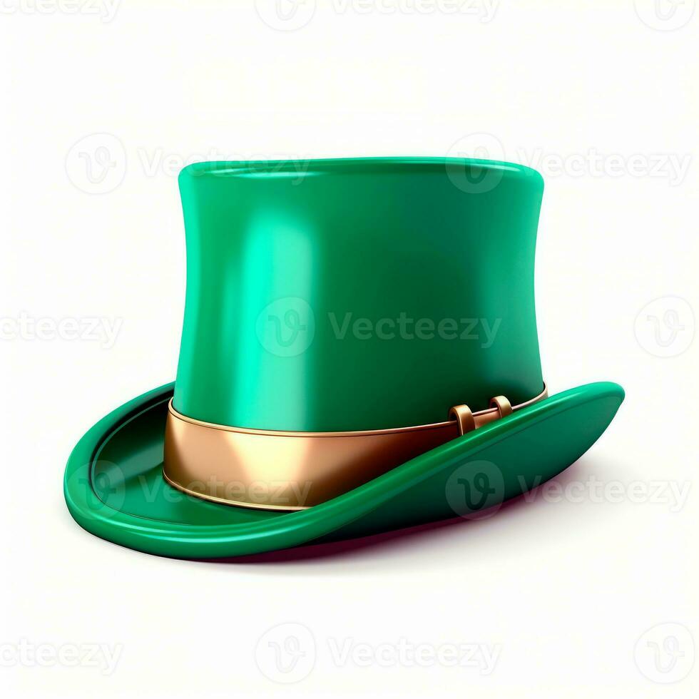 AI generated Illustration of green leprechaun hat with shamrocks isolated on white background for cutting out. AI Generated. photo