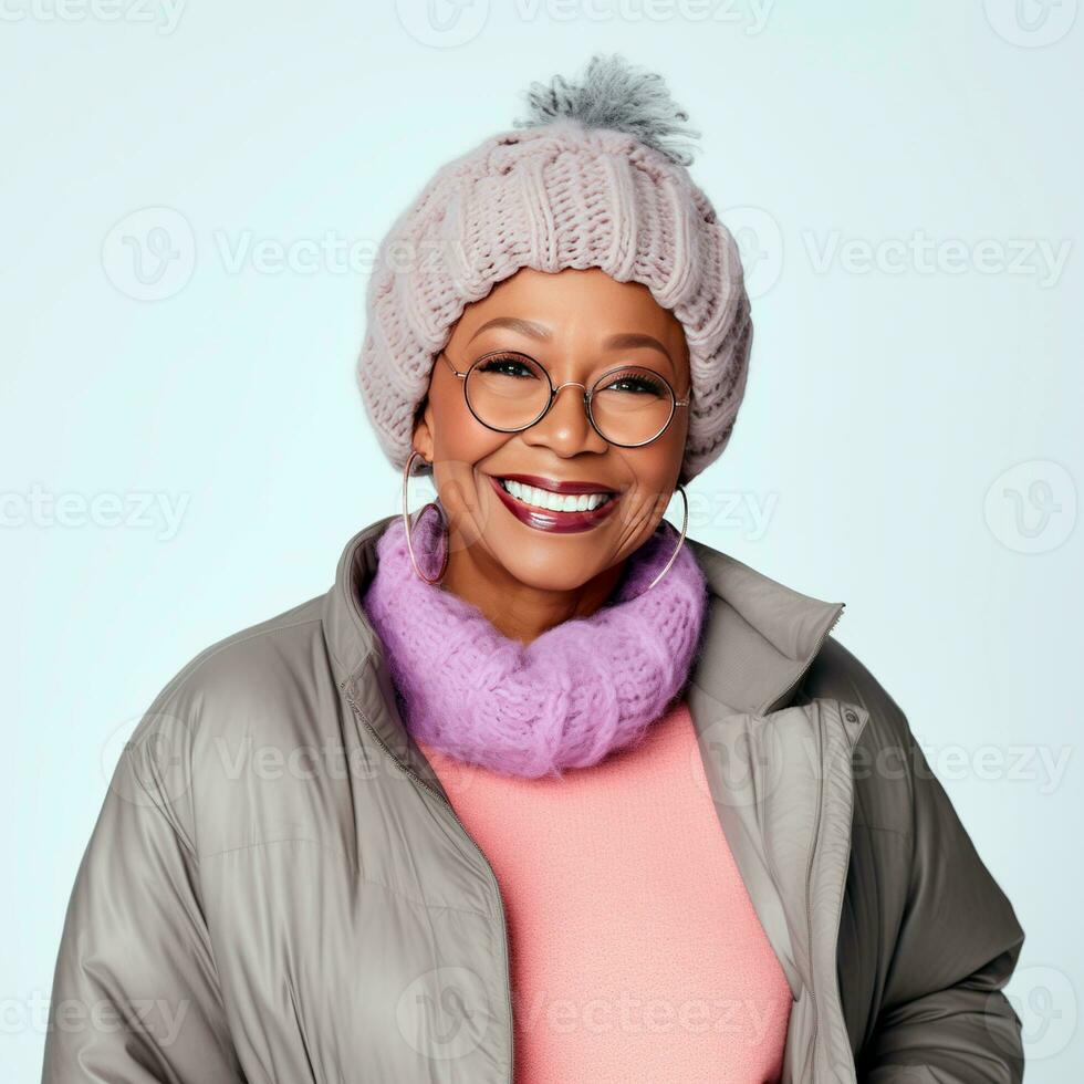 AI generated Happy senior afro woman smiling wearing winter clothes and isolated on white background. AI Generated. photo