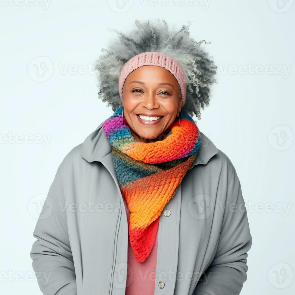 AI generated Happy senior afro woman smiling wearing winter clothes and isolated on white background. AI Generated. photo