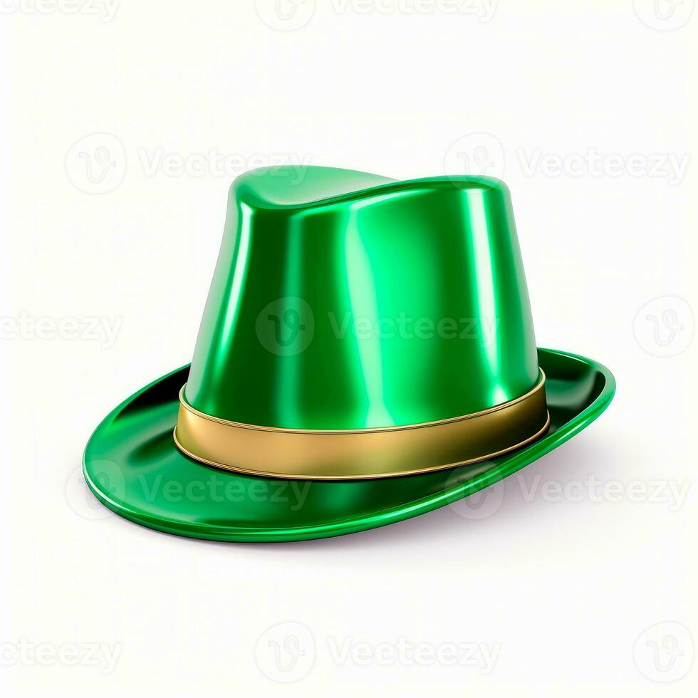 AI generated Illustration of green leprechaun hat with shamrocks isolated on white background for cutting out. AI Generated. photo