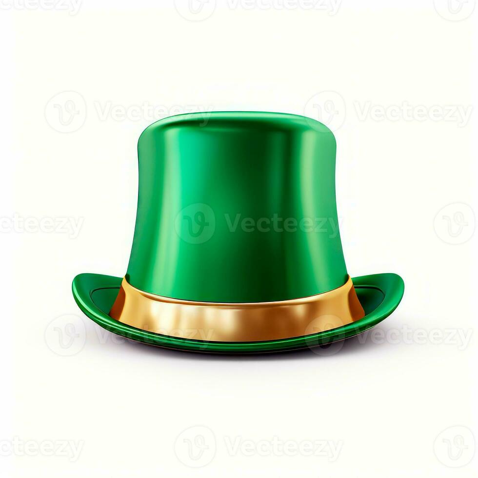 AI generated Illustration of green leprechaun hat with shamrocks isolated on white background for cutting out. AI Generated. photo