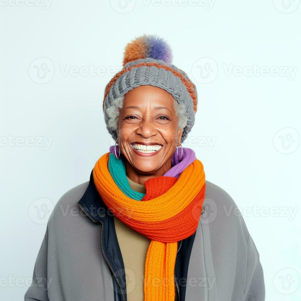 AI generated Happy senior afro woman smiling wearing winter clothes and isolated on white background. AI Generated. photo