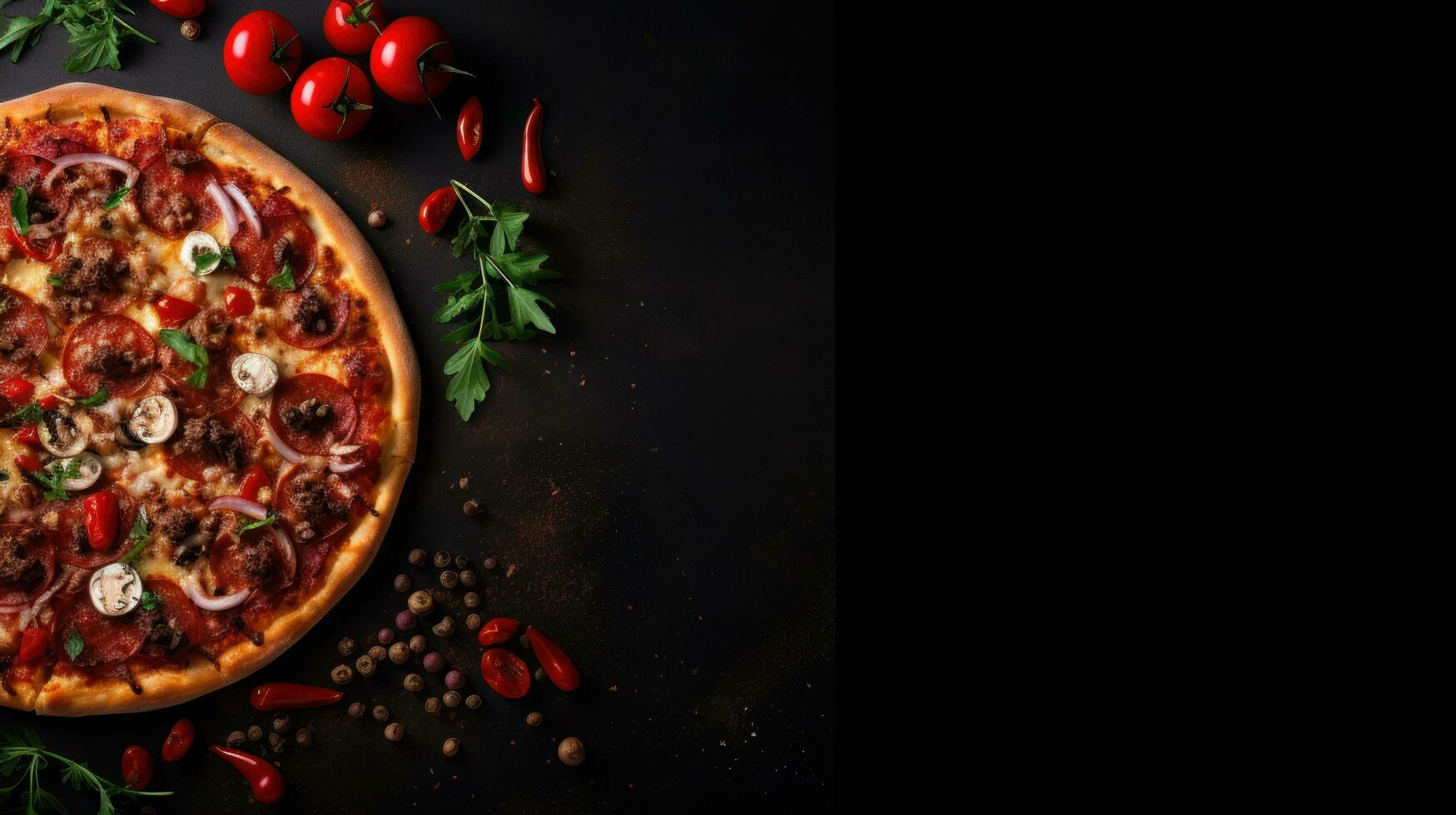 AI generated pepperinu pizza on black background with copy space photo