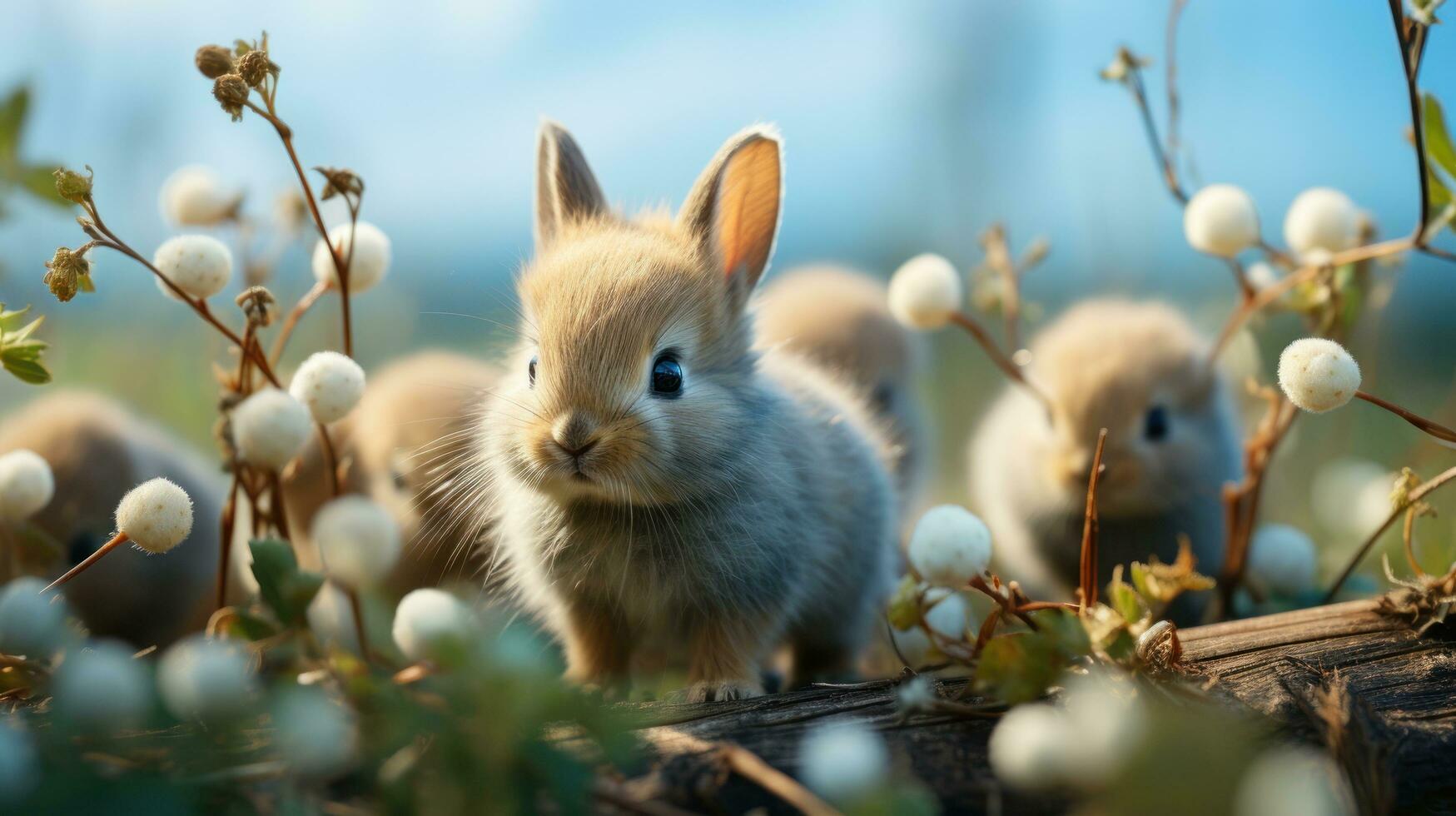 AI generated spring green meadow with easter effs and bunny against blue sky, photo