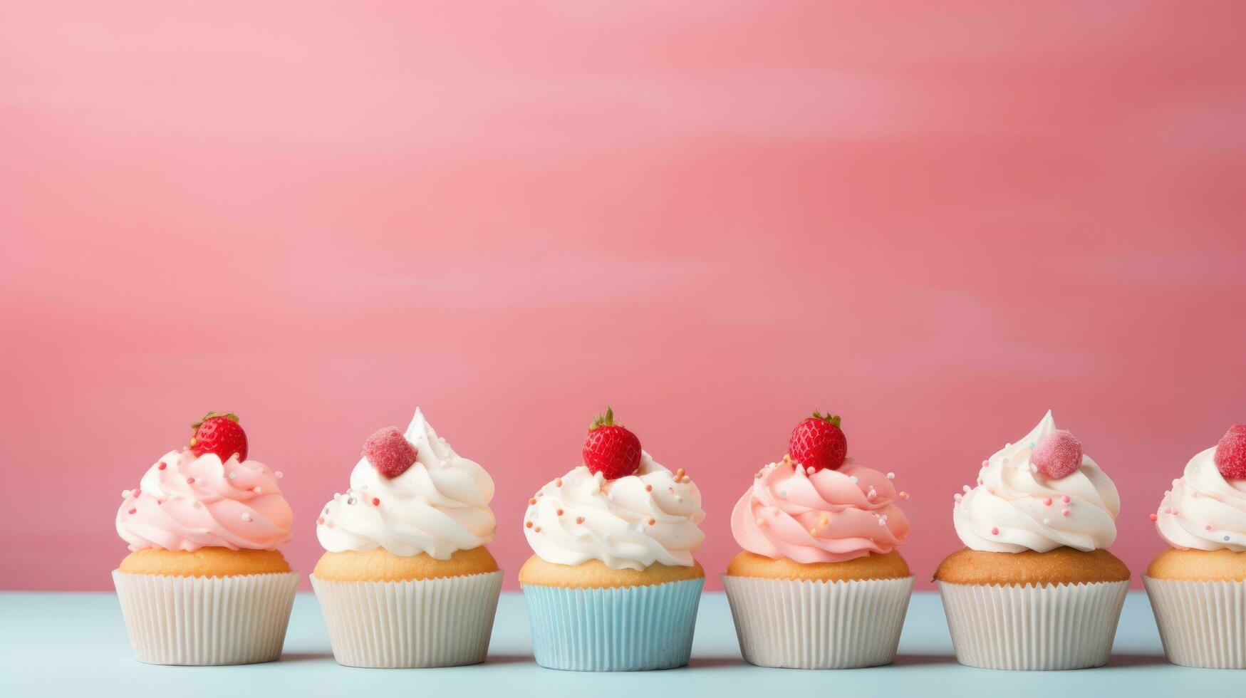 AI generated sweet cupcakes background with copy space photo