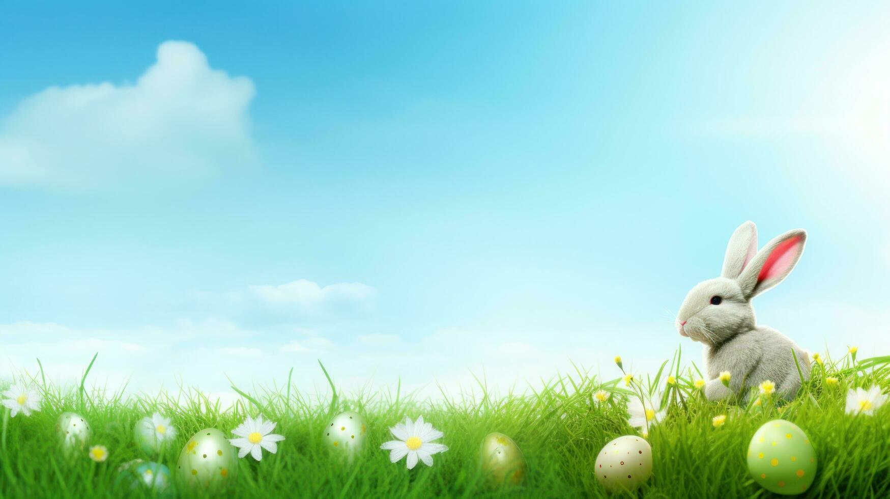 AI generated spring green meadow with easter effs and bunny against blue sky, photo