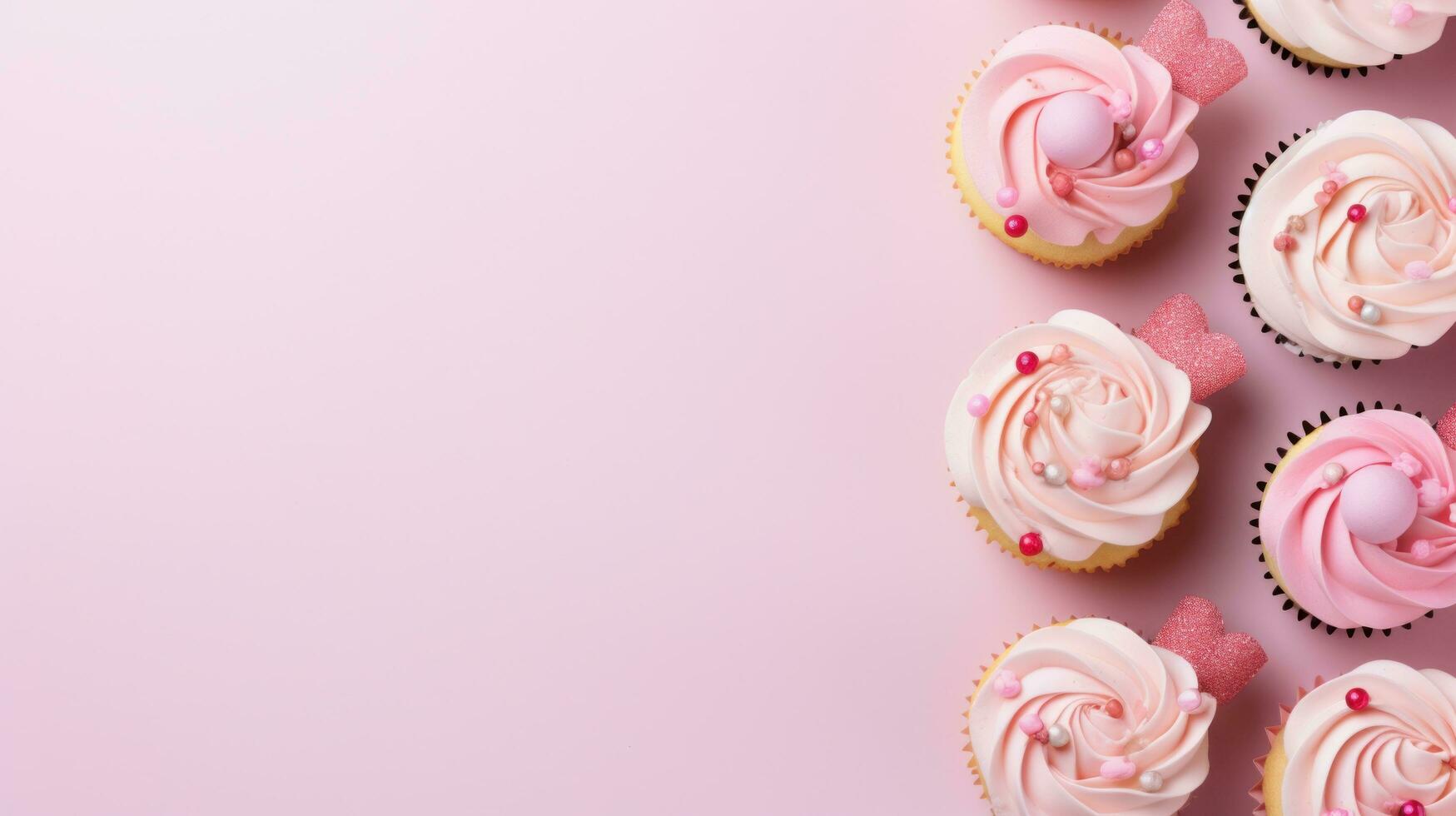 AI generated sweet cupcakes background with copy space photo