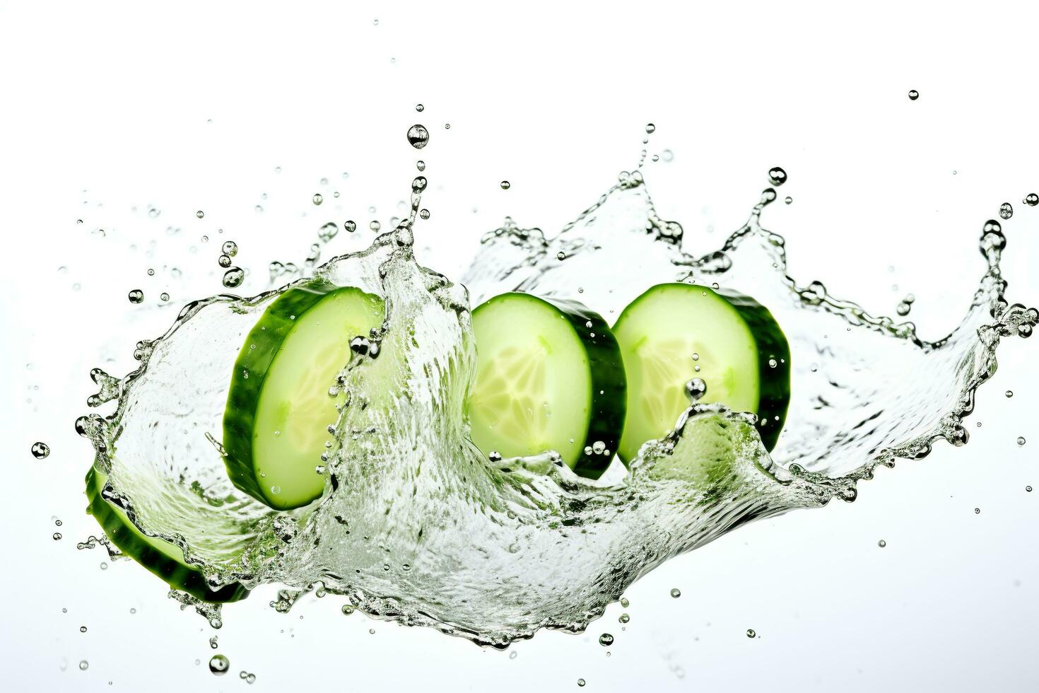 AI generated Cucumber slices falling into water with splash isolated on white background. photo