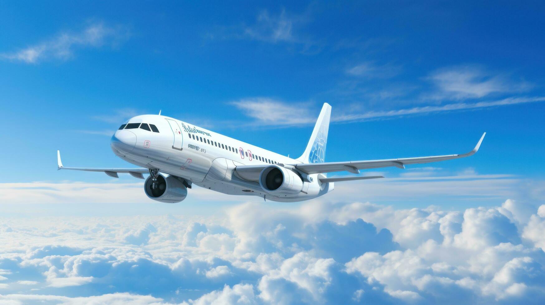 AI generated white airplane against blue sky, photo