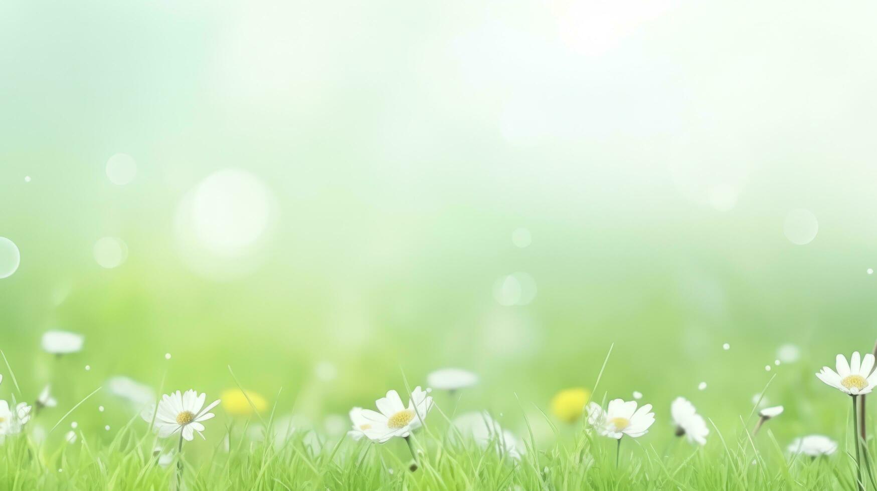 AI generated spring green meadow against blue sky background photo